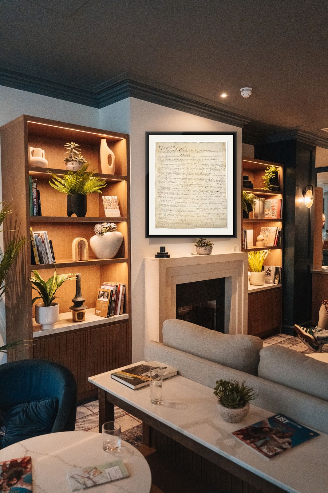 The United States Constitution, framed and hung in the studio's staging room